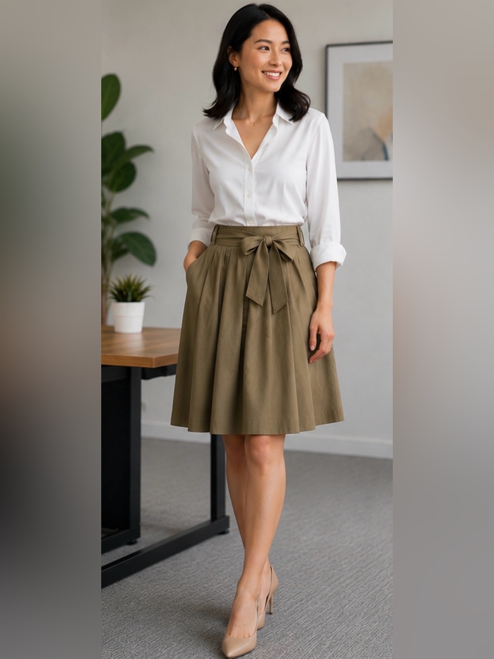 Ann Taylor Skirt Khaki A-Line Tie-Belt